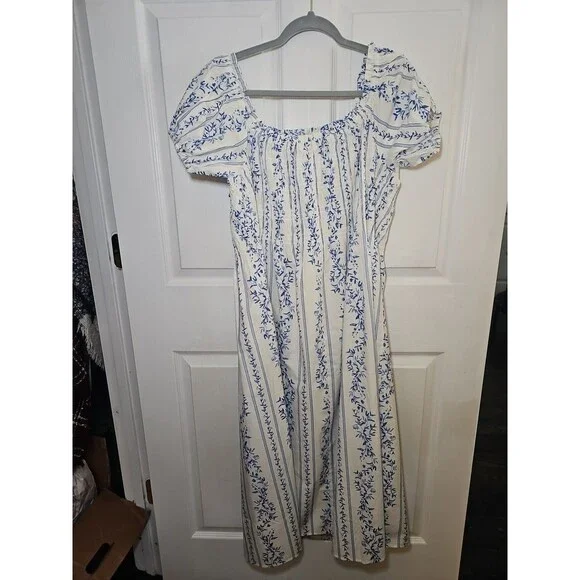 H&M Blue White Floral Dress Off The Shoulder Small Smocked Puff Sleeve NWT XXL - Picture 3 of 5